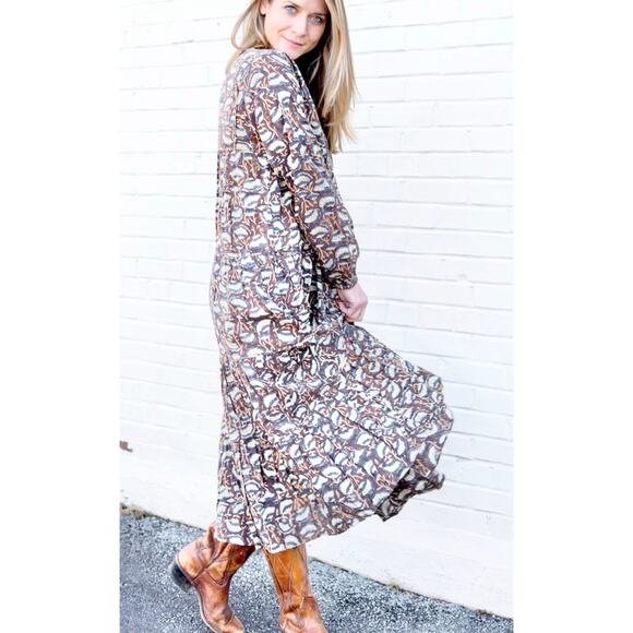 Maleu Washed Cotton Block Print Burgundy Floral Tiered Maxi Dress S - Picture 4 of 8